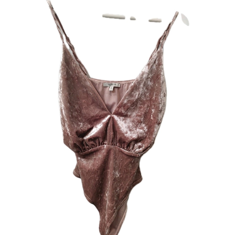 Papaya Women's Bodysuit Sz Smal Pink Crushed Velvet Stretch Spaghetti Strap Snap